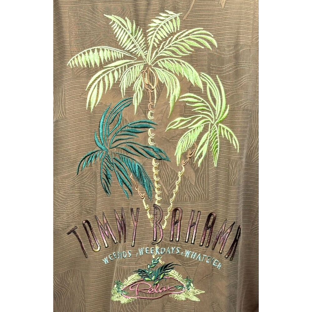 Tommy Bahama Silk Embroidered Shirt M Brown Palm Tree Weekends Weekdays Whatever